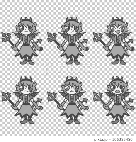 Monochrome illustration set of cute girls with various expressions in devil costumes Monochrome illustration set of cute girls with various expressions in devil costumes 106355450