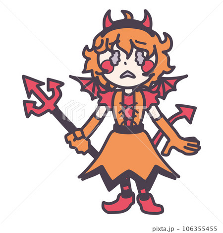 かわいい悪魔の仮装をした悲しんでいる女の子のカラーイラスト 106355455