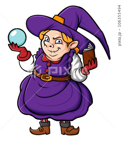 Cartoon spooky witch holding a magic ball and book isolated on white background of illustration Cartoon spooky witch holding a magic ball and book isolated on white background of illustration 106355494