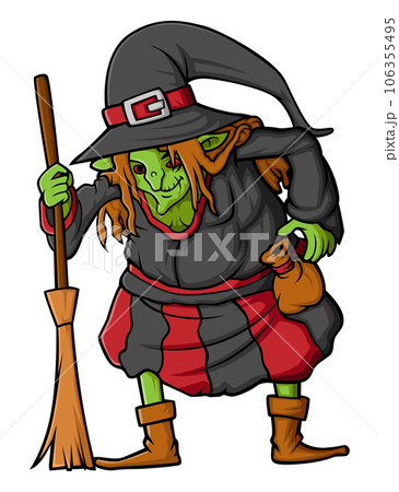 Cartoon spooky witch holding broomstick isolated on white background of illustration Cartoon spooky witch holding broomstick isolated on white background of illustration 106355495