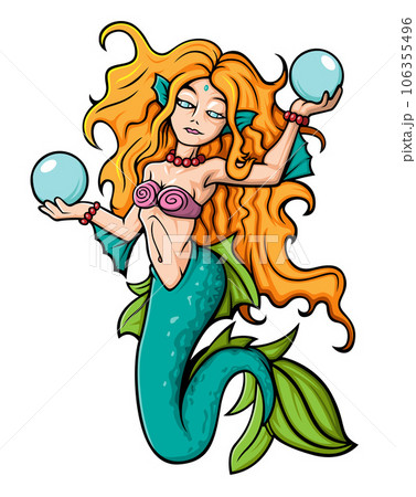 Cartoon mermaid holding a magic ball isolated on white background of illustration Cartoon mermaid holding a magic ball isolated on white background of illustration 106355496
