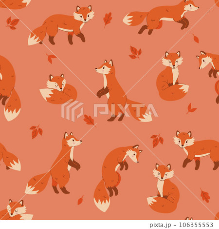 Cute autumn seamless pattern with foxes and leaves. Vector graphics. 106355553