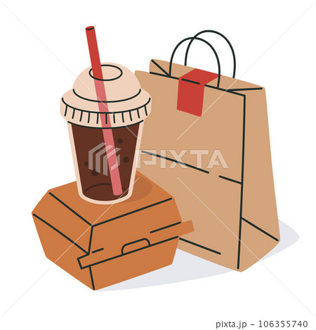 Disposable paper packaging. Food delivery bag, takeaway cardboard fast food containers, box and plastic cup flat vector illustration Disposable paper packaging. Food delivery bag, takeaway cardboard fast food containers, box and plastic cup flat vector illustration 106355740