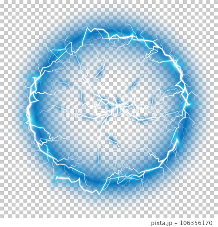 Blue Ball lightning on a transparent background. Abstract electric lightning strike. Light flash, thunder, spark. PNG. 106356170
