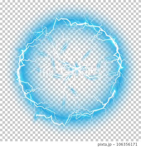 Blue Ball lightning on a transparent background. Abstract electric lightning strike. Light flash, thunder, spark. PNG. 106356171