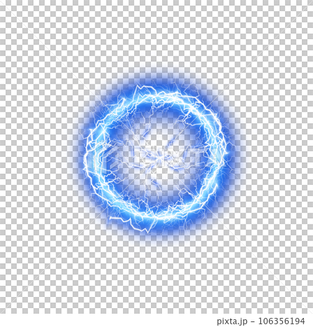 Blue Ball lightning on a transparent background. Abstract electric lightning strike. Light flash, thunder, spark. PNG. 106356194