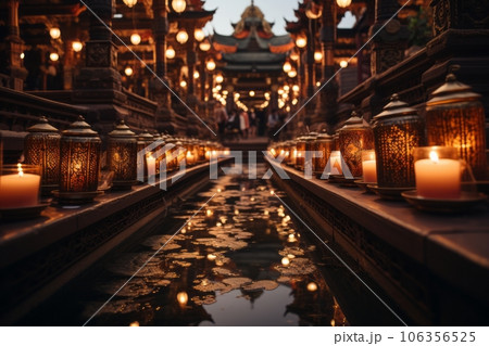 A mesmerizing photo of a Buddhist temple illuminated by soft candlelight or lanterns, creating a serene and peaceful ambiance. Generative Ai A mesmerizing photo of a Buddhist temple illuminated by soft candlelight or lanterns, creating a serene and peaceful ambiance. Generative Ai 106356525