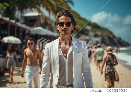Young fashion man in walking on the tropical beach. Generative Ai 106356582