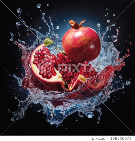 Surrounding the pomegranate, a swirl of splashing droplets creates an enchanting spectacle. Generative AI 106356672