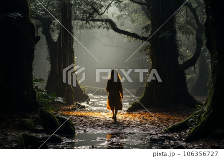 A mesmerizing photo of a person walking through a misty forest, evoking a sense of mystery and transformation on their soulful path. Generative Ai 106356727