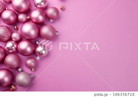 Pink Christmas balls and decorations on a pink background, with copy space. Generative Ai 106356728