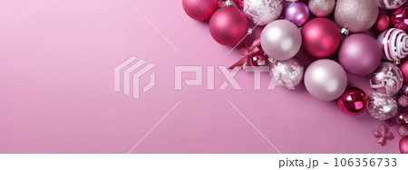 Pink Christmas balls and decorations on a pink background, with copy space. Generative Ai 106356733