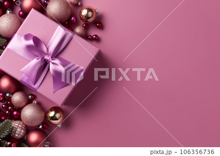 Pink Christmas balls and decorations on a pink background, with copy space. Generative Ai 106356736