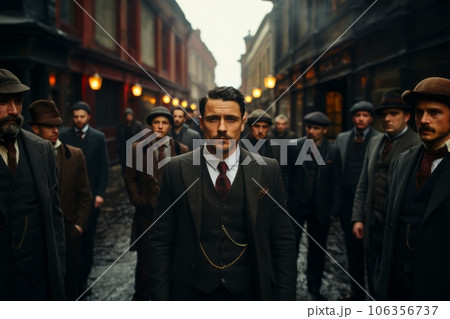 Group of gangster in the 1930 on the street of the city. Generative Ai 106356737