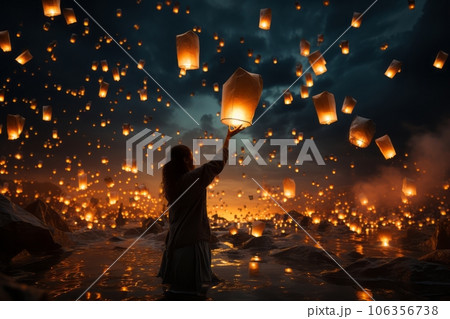 Person releasing a paper lantern into the night sky, signifying the release of burdens and the freedom of the soul's journey. Generative AI 106356738