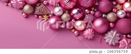 Pink Christmas balls and decorations on a pink background, with copy space. Generative Ai 106356739