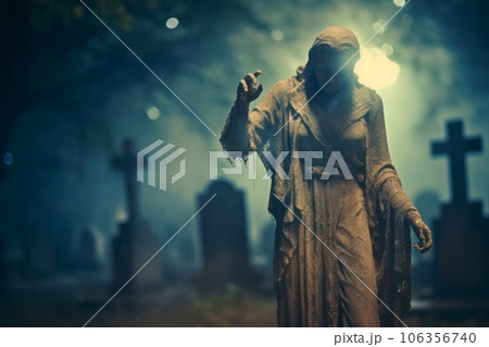 A ghostly apparition emerging from a tombstone in a graveyard, with mist swirling around, evoking a sense of supernatural mystery for a Halloween event. Generative Ai 106356740