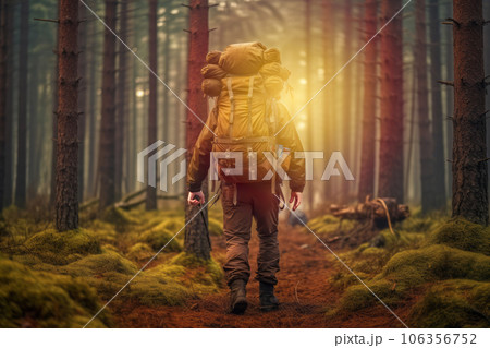 A hunter carrying a backpack filled with essential gear, standing at the entrance of a forest, ready to embark on an adventure. Generative AI 106356752