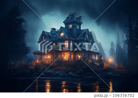 A haunted mansion engulfed in thick fog, with lightning illuminating the sky, setting the stage for a spine-chilling Halloween experience. Generative Ai 106356782