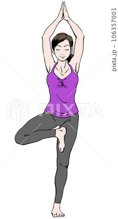 木のポーズをする若い女性_手伸ばしキャミソール_瞑想2 木のポーズをする若い女性_手伸ばしキャミソール_瞑想2 106357001