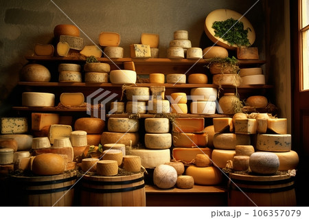 Large cheese wheels, stacked and arranged attractively, symbolizing the authenticity and tradition associated with artisanal cheese-making. Generative Ai 106357079
