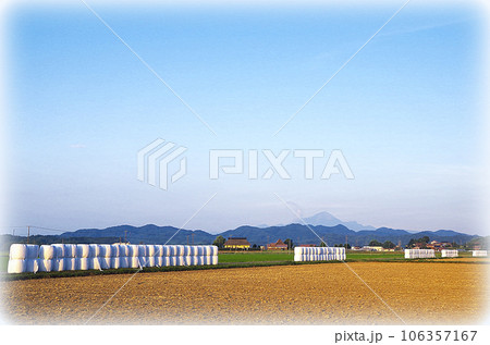白いカバーに包まれた沢山の藁ロールが並んでいる大型圃場の風景(イラスト風) 白いカバーに包まれた沢山の藁ロールが並んでいる大型圃場の風景(イラスト風) 106357167