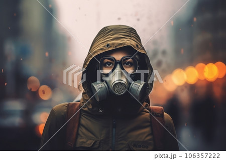 Person wearing a protective mask amidst a heavily polluted urban environment, emphasizing the health risks associated with air pollution. Generative AI Person wearing a protective mask amidst a heavily polluted urban environment, emphasizing the health risks associated with air pollution. Generative AI 106357222