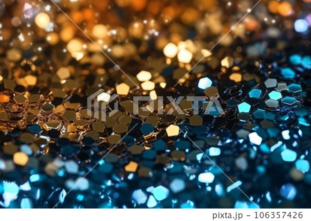 Abstract background of blue and gold glitter lights. Selective defocused. Generative Ai 106357426