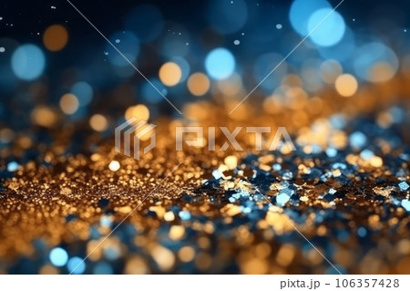 Abstract background of blue and gold glitter lights. Selective defocused. Generative Ai 106357428