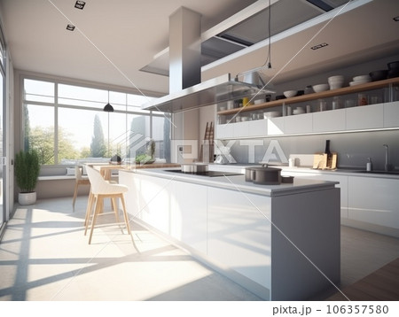 Generative AI illustration of contemporary kitchen interior with white cabinets and built in stove and oven in modern apartment with bright glass window 106357580