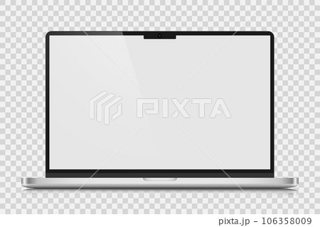 Realistic Laptop layout with silver case and white screen. A laptop with a reflection on a transparent background. 106358009