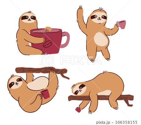 Sloth bears with cup of coffee . Hand drawn style . White isolate background . Vector . Sloth bears with cup of coffee . Hand drawn style . White isolate background . Vector . 106358155