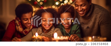 A heartwarming image capturing the joy and togetherness of a family celebrating Christmas, showcasing smiles, laughter, and love, perfect for evoking warm emotions. Web banner backdrop. Generative AI 106358468