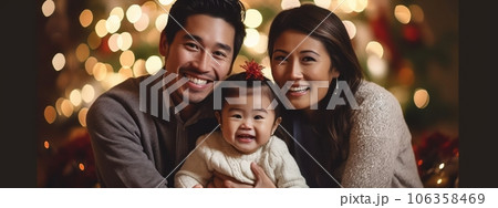 A heartwarming image capturing the joy and togetherness of a family celebrating Christmas, showcasing smiles, laughter, and love, perfect for evoking warm emotions. Web banner backdrop. Generative AI 106358469