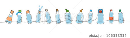Bottles one line colored continuous drawing. Empty glass and plastic bottles continuous one line illustration. Vector minimalist linear illustration. Bottles one line colored continuous drawing. Empty glass and plastic bottles continuous one line illustration. Vector minimalist linear illustration. 106358533