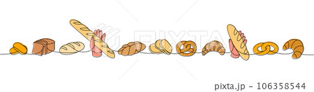 Set of breads one line colored continuous drawing. Wheat bread, pretzel, ciabatta, croissant, braided bread, baguette continuous one line illustration Set of breads one line colored continuous drawing. Wheat bread, pretzel, ciabatta, croissant, braided bread, baguette continuous one line illustration 106358544
