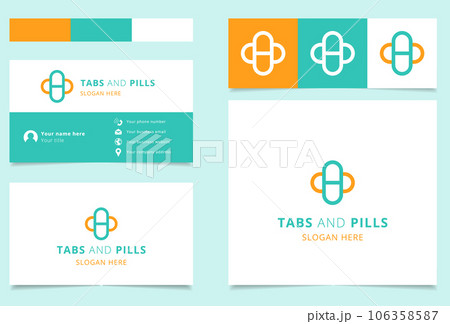 Tabs and pills logo design with editable slogan. Branding book and business card template. 106358587