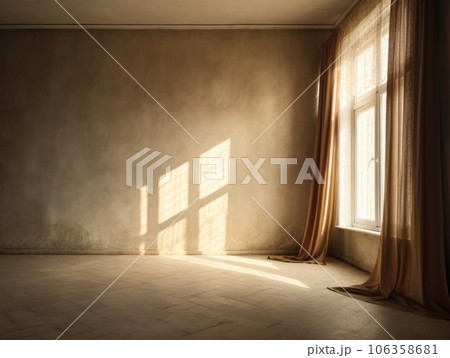 Empty room with wooden floor, curtain, and large window. Generative AI 106358681
