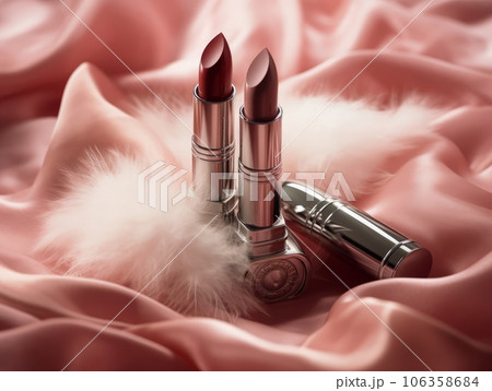 glamorous pink lipstick on fur background. Generative AI 106358684