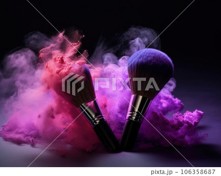 Make up brush with purple powder isolated on black background. Generative AI 106358687