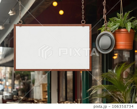 Blank mock up sign at coffee shop cafe, advertising board. Generative AI 106358734