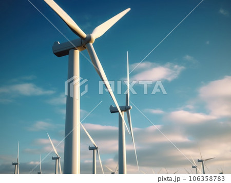 Wind turbines generating electricity with blue sky, energy conservation concept. Generative AI 106358783