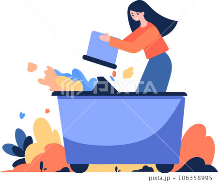 Hand Drawn woman with recycling bin in flat style 106358995