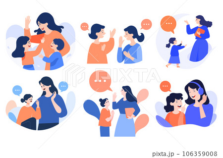 Hand Drawn mother and child talking happily in flat style Hand Drawn mother and child talking happily in flat style 106359008