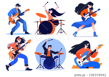 Hand Drawn musicians playing guitar and singing in flat style Hand Drawn musicians playing guitar and singing in flat style 106359042
