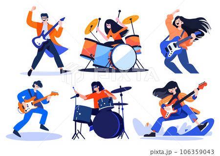 Hand Drawn musicians playing guitar and singing in flat style 106359043