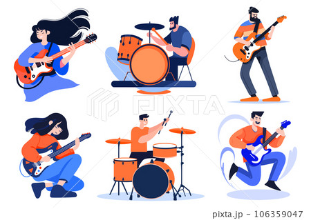 Hand Drawn musicians playing guitar and singing in flat style 106359047