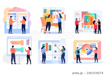 Hand Drawn Group of business people with presentations in flat style 106359074