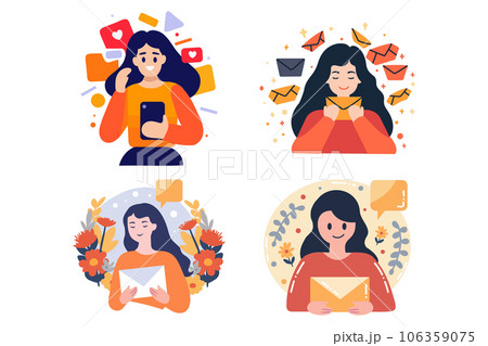 Hand Drawn happy woman with envelopes in flat style Hand Drawn happy woman with envelopes in flat style 106359075