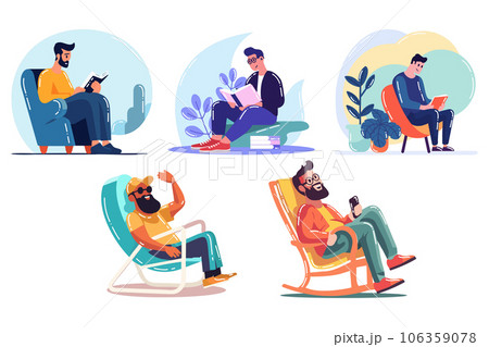 Hand Drawn happy man sitting and resting in flat style 106359078